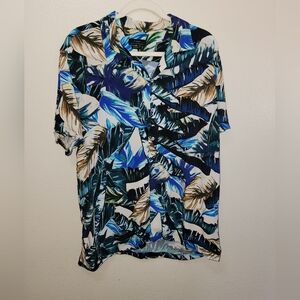 Zara Blue and Green Leaf Hawaiian Print Shirt Size XL